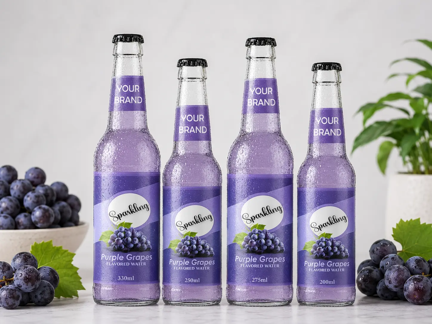 SPARKLING FLAVORED WATER Purple Grapes 330ml, 250ml, 275ml and 200ml glass bottles